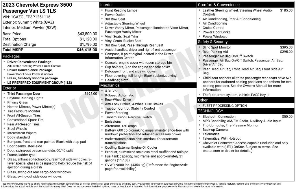 2023 Chevrolet Express 3500 LS PASSENGER VAN FORD BLUE CERTIFIED