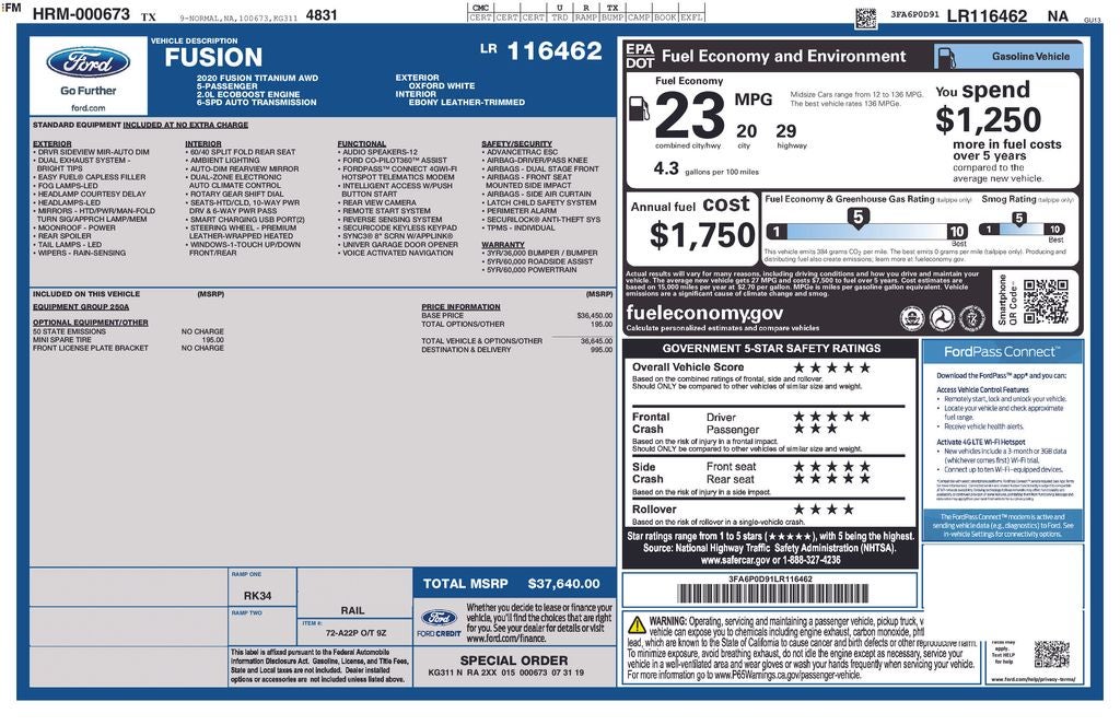 2020 Ford Fusion Titanium FORD BLUE CERTIFIED