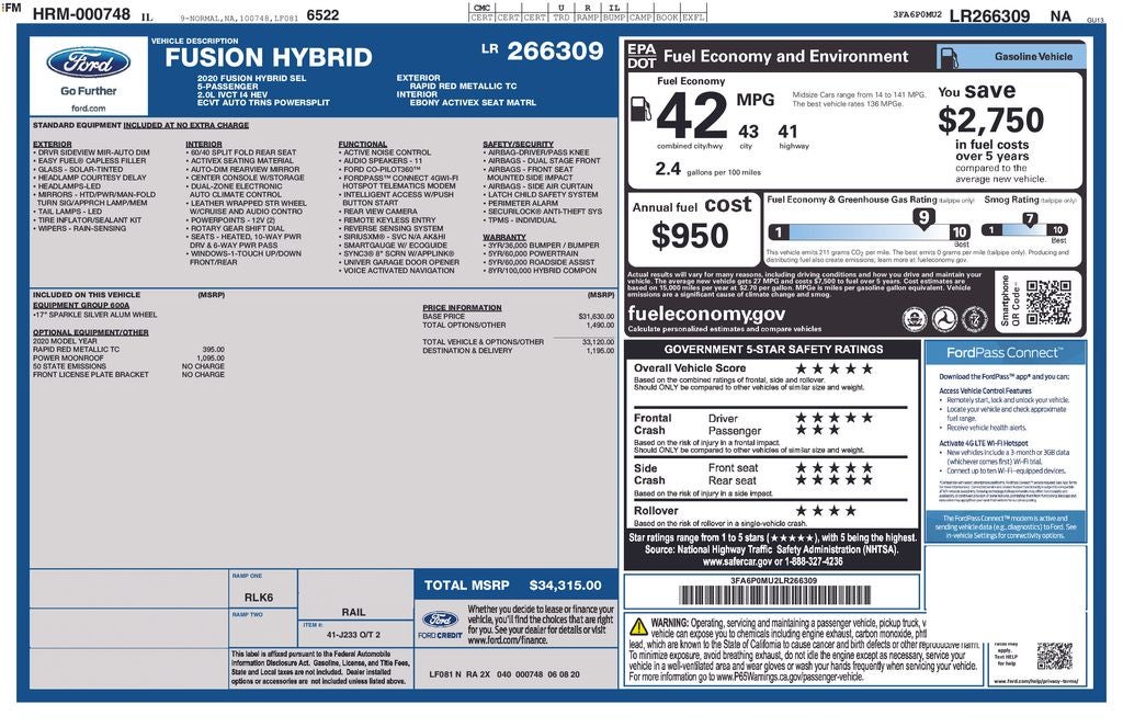 2020 Ford Fusion Hybrid SEL FORD BLUE CERTIFIED