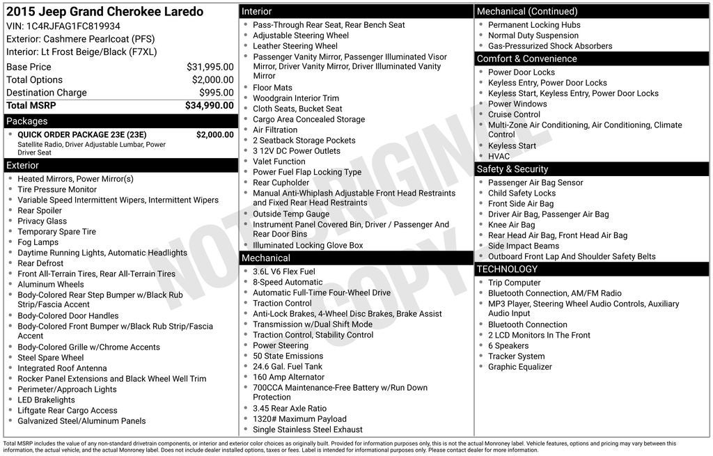 2015 Jeep Grand Cherokee Laredo 3.6L V6