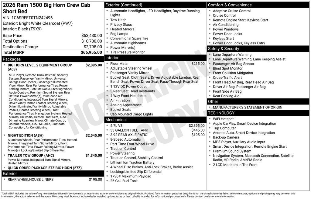 2026 RAM 1500 Big Horn/Lone Star 5.7L HEMI 4WD Near Madison WI